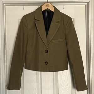 Anthropologie Olive Cropped Two-Button Blazer